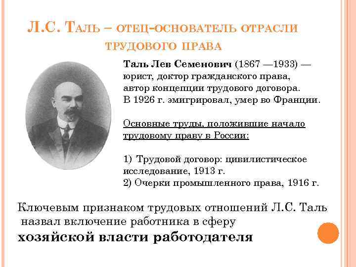 Л. С. ТАЛЬ – ОТЕЦ-ОСНОВАТЕЛЬ ОТРАСЛИ ТРУДОВОГО ПРАВА Таль Лев Семенович (1867 — 1933)