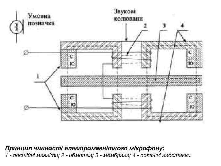 Принцип чинності електромагнітного мікрофону: 1 - постійні магніти; 2 - обмотка; 3 - мембрана;