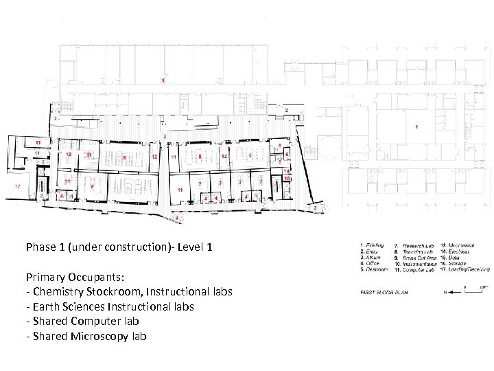 Phase 1 (under construction)- Level 1 Primary Occupants: - Chemistry Stockroom, Instructional labs -