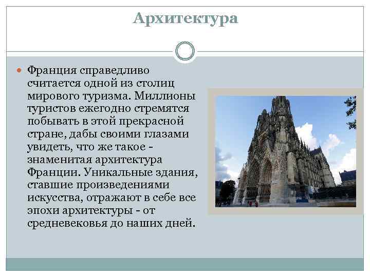 Архитектура Франция справедливо считается одной из столиц мирового туризма. Миллионы туристов ежегодно стремятся побывать