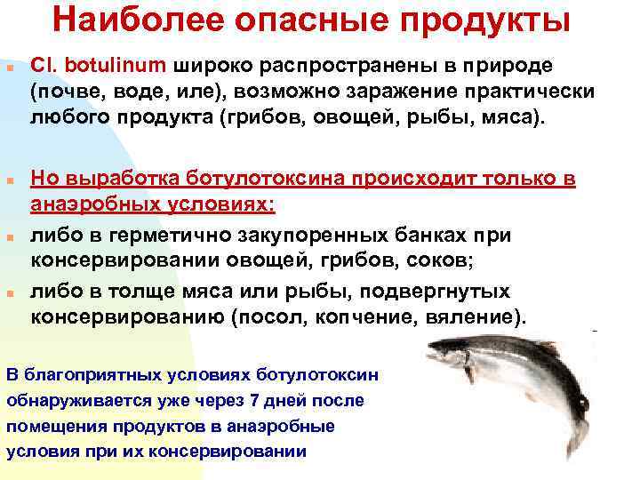 Наиболее опасные продукты n n Cl. botulinum широко распространены в природе (почве, воде, иле),