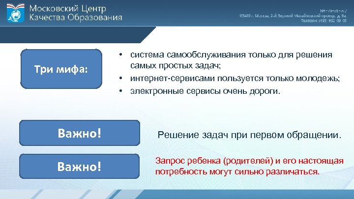 Три мифа: • система самообслуживания только для решения самых простых задач; • интернет-сервисами пользуется