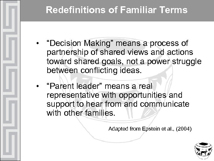 Redefinitions of Familiar Terms • “Decision Making” means a process of partnership of shared