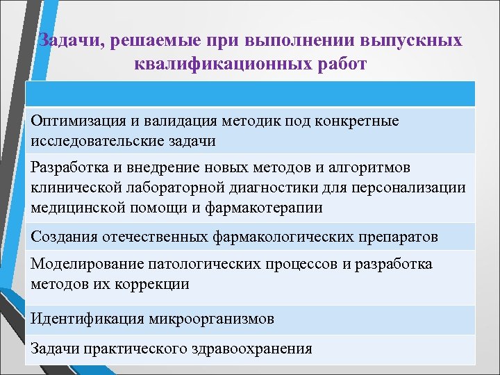 Задачи, решаемые при выполнении выпускных квалификационных работ Оптимизация и валидация методик под конкретные исследовательские