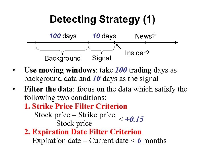Detecting Strategy (1) 100 days Background • • 10 days Signal News? Insider? Use