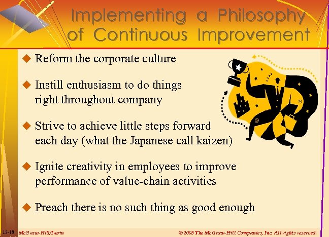 Implementing a Philosophy of Continuous Improvement u Reform the corporate culture u Instill enthusiasm