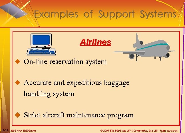 Examples of Support Systems Airlines u On-line reservation system u Accurate and expeditious baggage