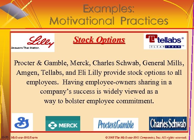 Examples: Motivational Practices Stock Options Procter & Gamble, Merck, Charles Schwab, General Mills, Amgen,