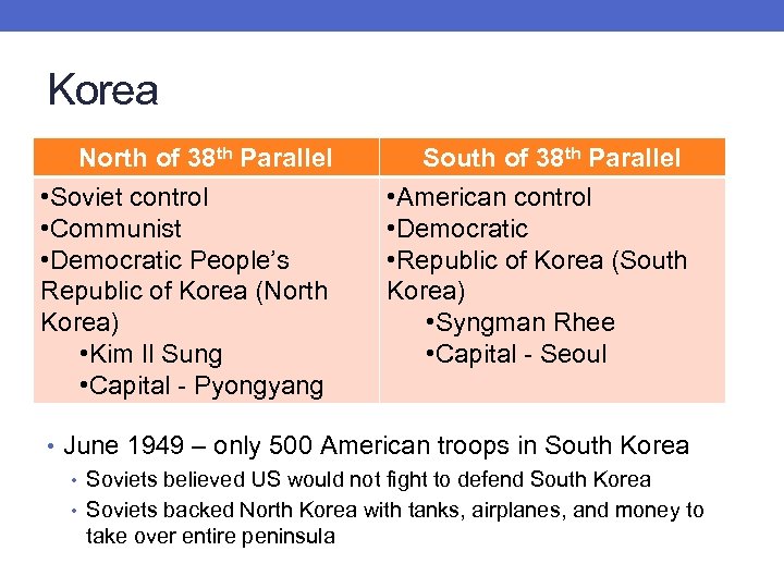Korea North of 38 th Parallel • Soviet control • Communist • Democratic People’s