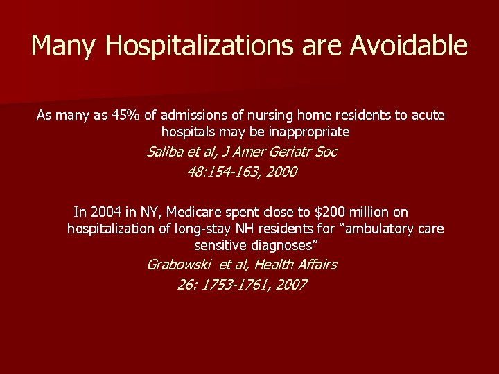 Many Hospitalizations are Avoidable As many as 45% of admissions of nursing home residents