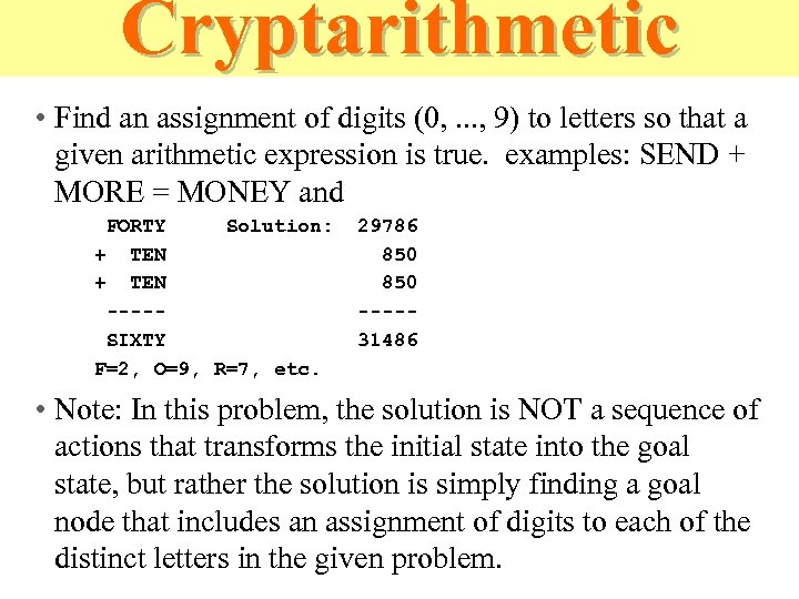 Cryptarithmetic • Find an assignment of digits (0, . . . , 9) to