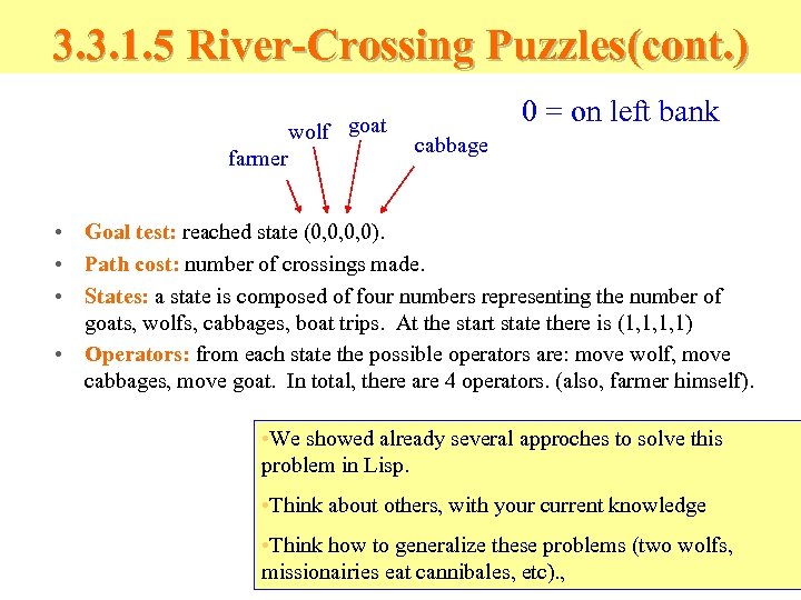 3. 3. 1. 5 River-Crossing Puzzles(cont. ) wolf goat farmer 0 = on left