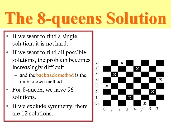 The 8 -queens Solution • If we want to find a single solution, it