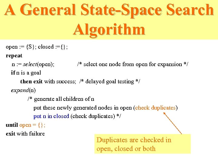 A General State-Space Search Algorithm open : = {S}; closed : ={}; repeat n