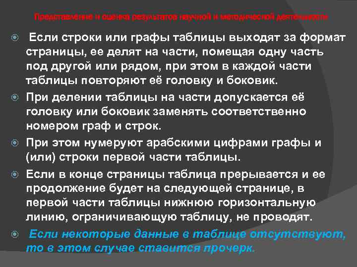 Представление и оценка результатов научной и методической деятельности Если строки или графы таблицы выходят