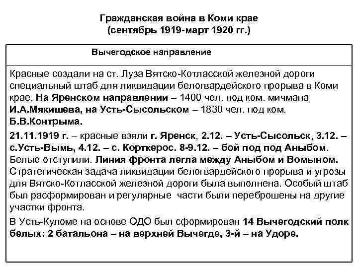 Гражданская война в Коми крае (сентябрь 1919 -март 1920 гг. ) Вычегодское направление Красные