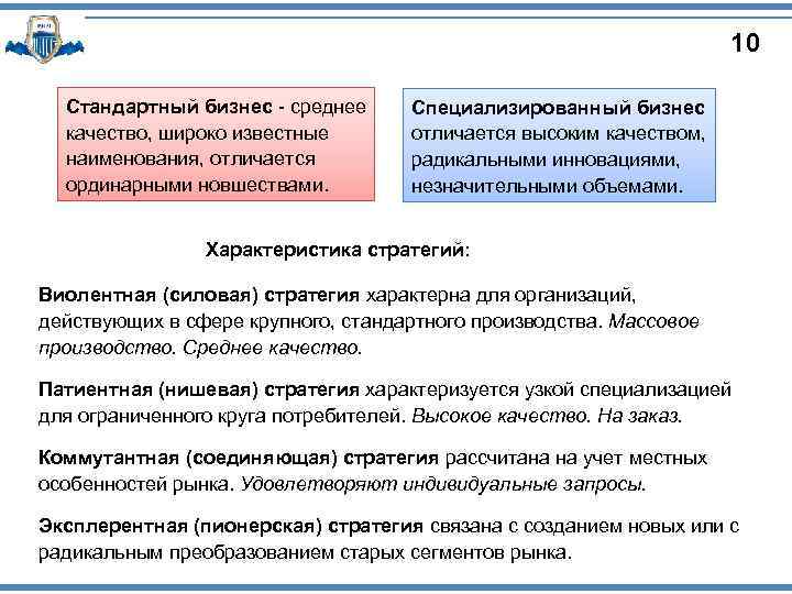10 Стандартный бизнес среднее качество, широко известные наименования, отличается ординарными новшествами. Специализированный бизнес отличается