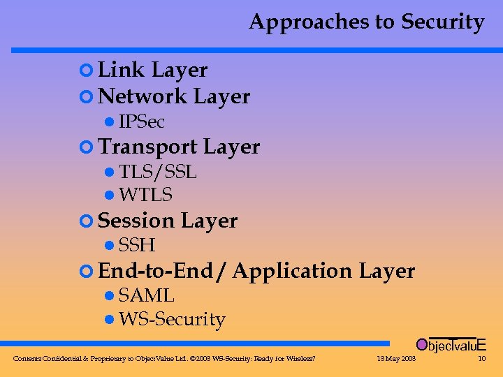 Approaches to Security ¢ Link Layer ¢ Network Layer l IPSec ¢ Transport l