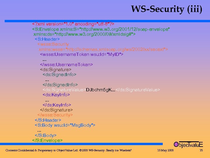 WS-Security (iii) <? xml version="1. 0" encoding="utf-8"? > <S: Envelope xmlns: S="http: //www. w