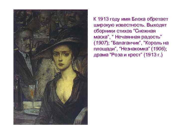  К 1913 году имя Блока обретает широкую известность. Выходят сборники стихов “Снежная маска”,