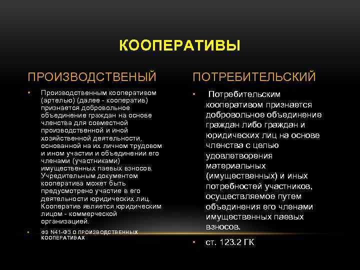 КООПЕРАТИВЫ ПРОИЗВОДСТВЕНЫЙ ПОТРЕБИТЕЛЬСКИЙ • Производственным кооперативом (артелью) (далее - кооператив) признается добровольное объединение граждан