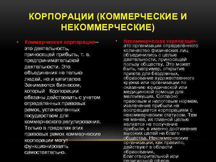 КОРПОРАЦИИ (КОММЕРЧЕСКИЕ И НЕКОММЕРЧЕСКИЕ) • Коммерческая корпорация-это деятельность, приносящей прибыль, т. е. предпринимательской деятельности.