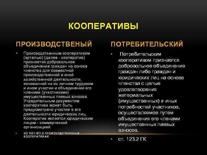 КООПЕРАТИВЫ ПРОИЗВОДСТВЕНЫЙ ПОТРЕБИТЕЛЬСКИЙ • Производственным кооперативом (артелью) (далее - кооператив) признается добровольное объединение граждан