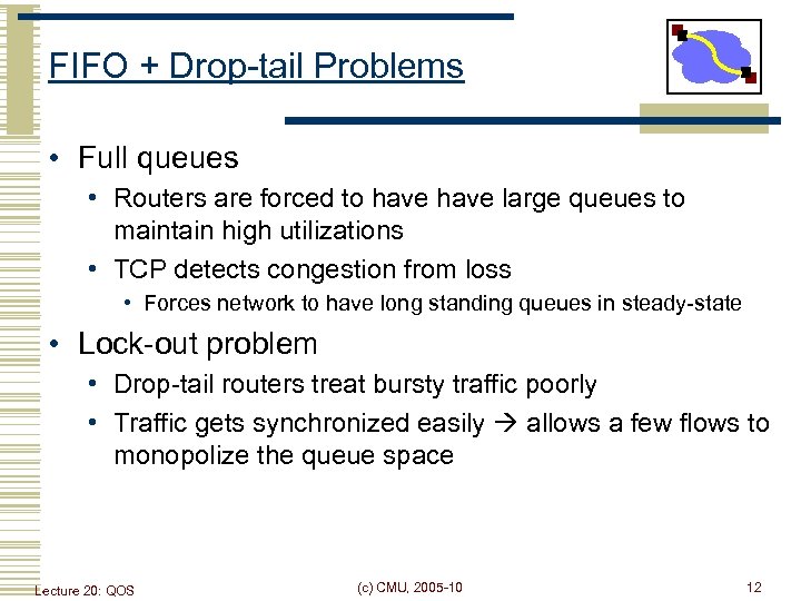 FIFO + Drop-tail Problems • Full queues • Routers are forced to have large