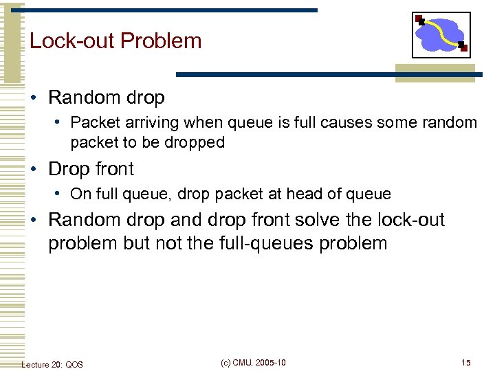 Lock-out Problem • Random drop • Packet arriving when queue is full causes some