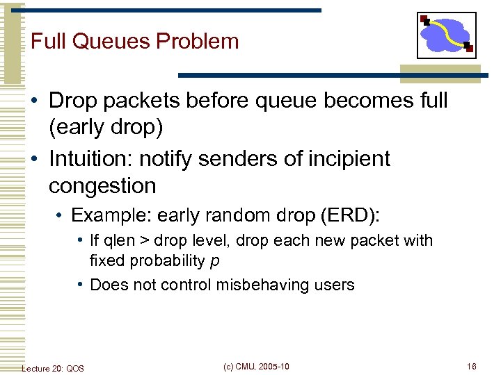 Full Queues Problem • Drop packets before queue becomes full (early drop) • Intuition: