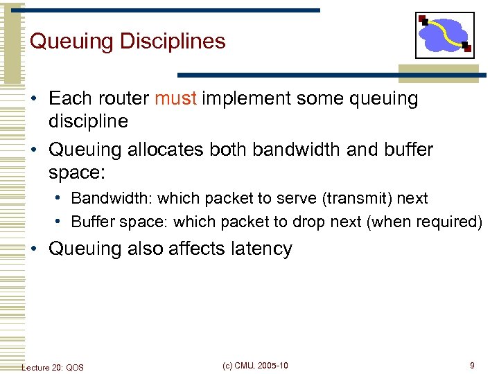 Queuing Disciplines • Each router must implement some queuing discipline • Queuing allocates both
