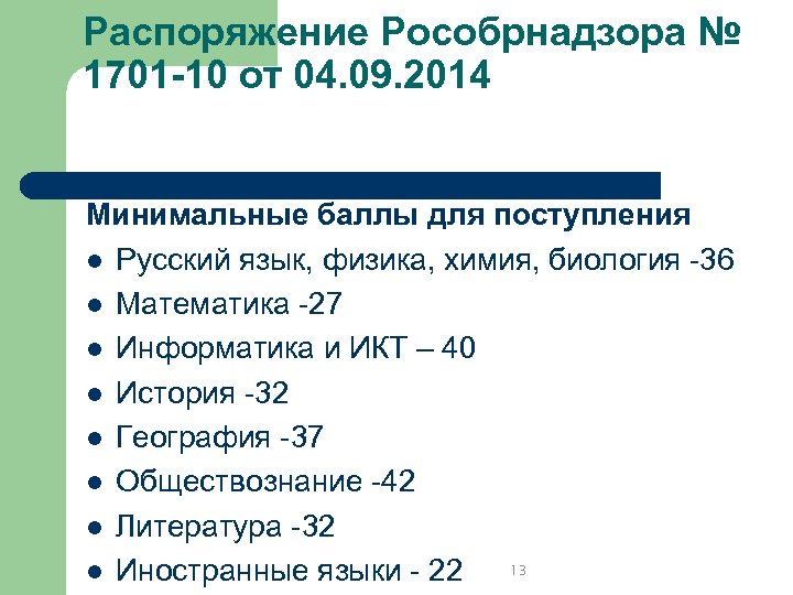 Распоряжение Рособрнадзора № 1701 -10 от 04. 09. 2014 Минимальные баллы для поступления l