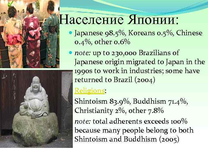 Население Японии: Japanese 98. 5%, Koreans 0. 5%, Chinese 0. 4%, other 0. 6%