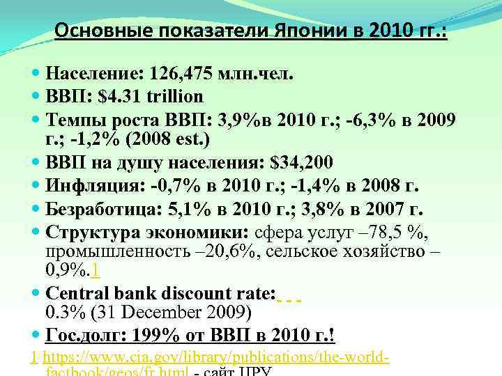 Основные показатели Японии в 2010 гг. : Население: 126, 475 млн. чел. ВВП: $4.