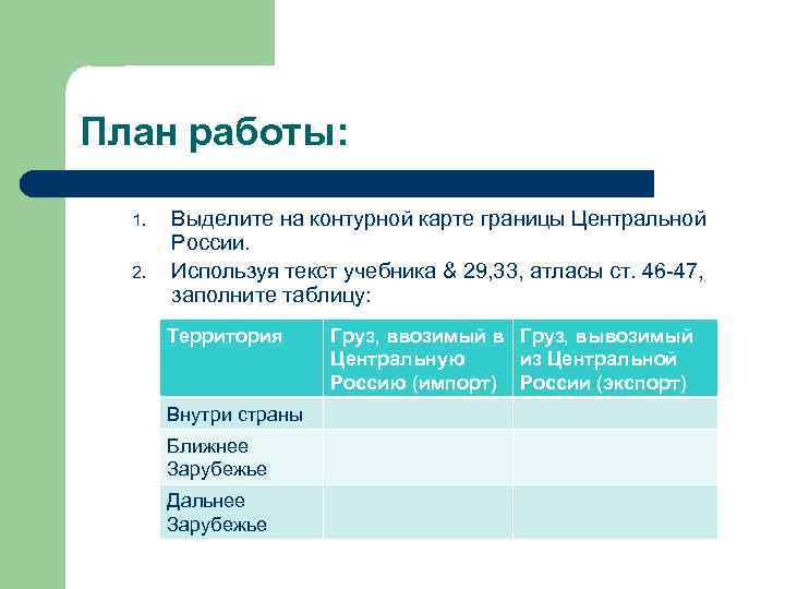 План работы: 1. 2. Выделите на контурной карте границы Центральной России. Используя текст учебника