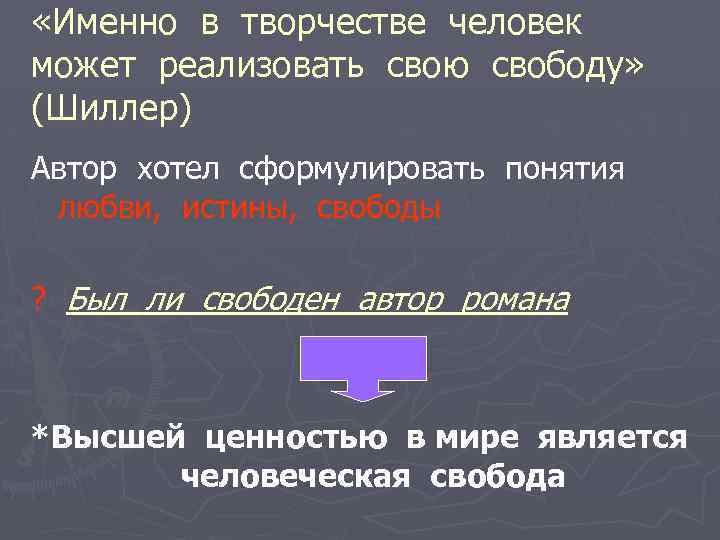  «Именно в творчестве человек может реализовать свою свободу» (Шиллер) Автор хотел сформулировать понятия