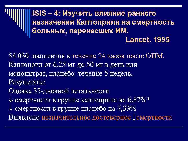 ISIS – 4: Изучить влияние раннего назначения Каптоприла на смертность больных, перенесших ИМ. Lancet.