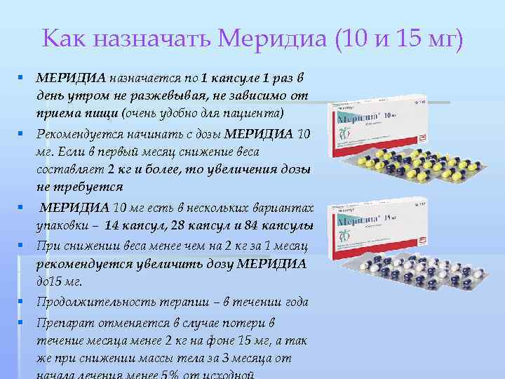 Как назначать Меридиа (10 и 15 мг) § МЕРИДИА назначается по 1 капсуле 1