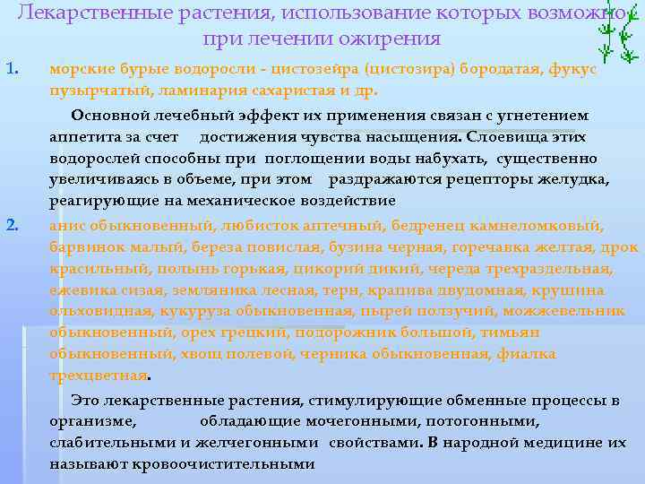 Лекарственные растения, использование которых возможно при лечении ожирения 1. морские бурые водоросли - цистозейра