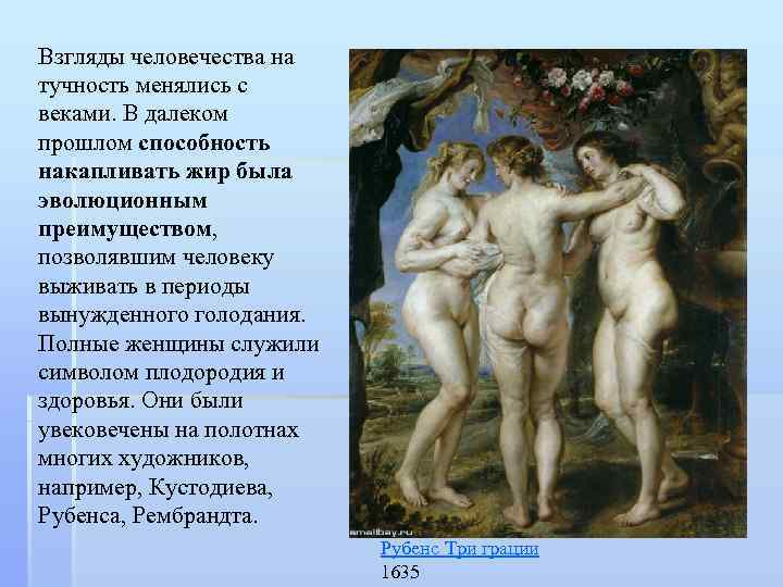 Взгляды человечества на тучность менялись с веками. В далеком прошлом способность накапливать жир была