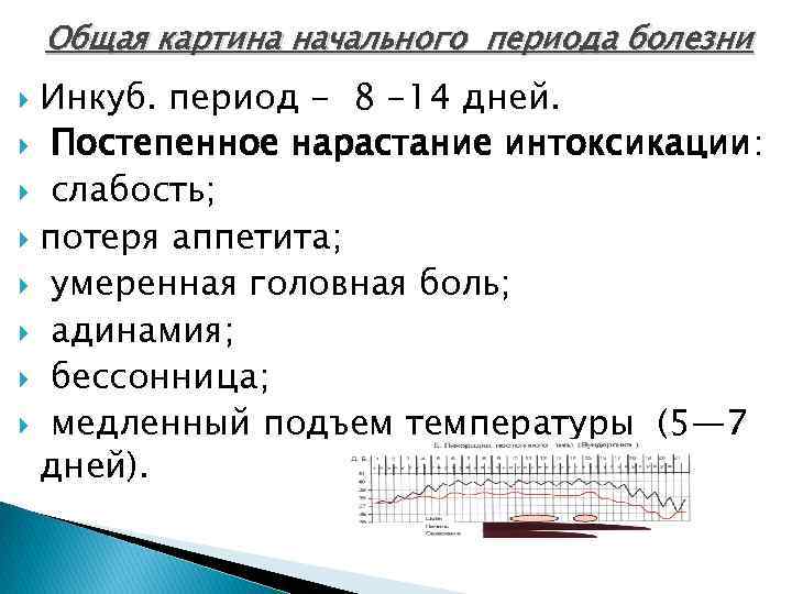 Общая картина начального периода болезни Инкуб. период - 8 -14 дней. Постепенное нарастание интоксикации: