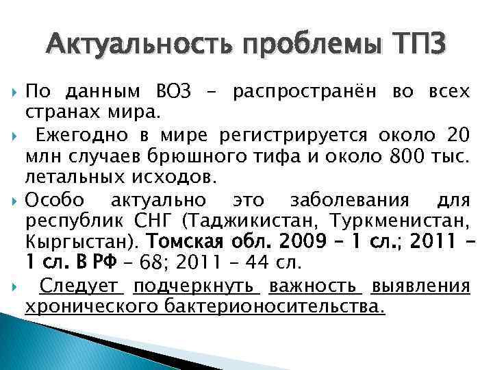 Актуальность проблемы ТПЗ По данным ВОЗ - распространён во всех странах мира. Ежегодно в