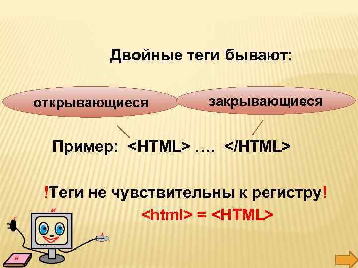 Двойные теги бывают: открывающиеся закрывающиеся Пример: <HTML> …. </HTML> !Теги не чувствительны к регистру!