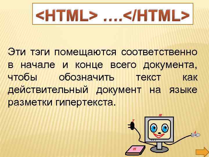 <HTML> …. </HTML> Эти тэги помещаются соответственно в начале и конце всего документа, чтобы