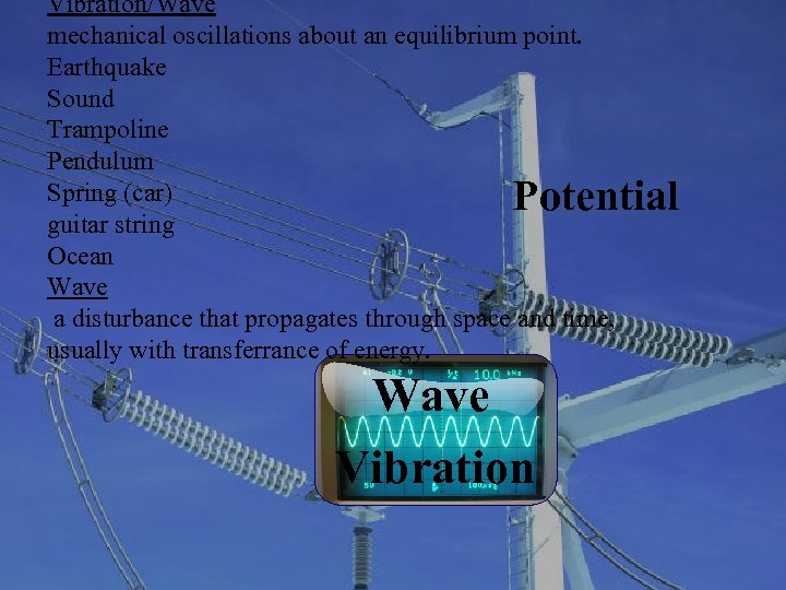 Vibration/Wave mechanical oscillations about an equilibrium point. Earthquake Sound Trampoline Pendulum Spring (car) guitar