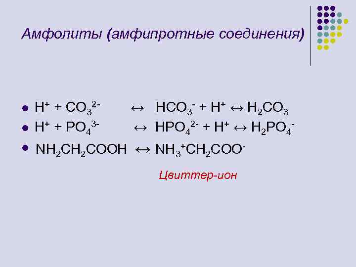 Амфолиты (амфипротные соединения) l l l H+ + CO 32 H+ + PO 43