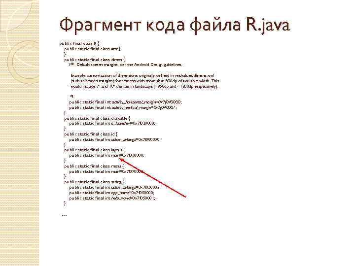 Фрагмент кода файла R. java public final class R { public static final class