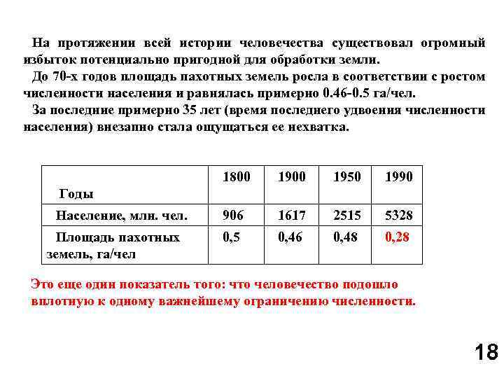 На протяжении всей истории человечества существовал огромный избыток потенциально пригодной для обработки земли. До