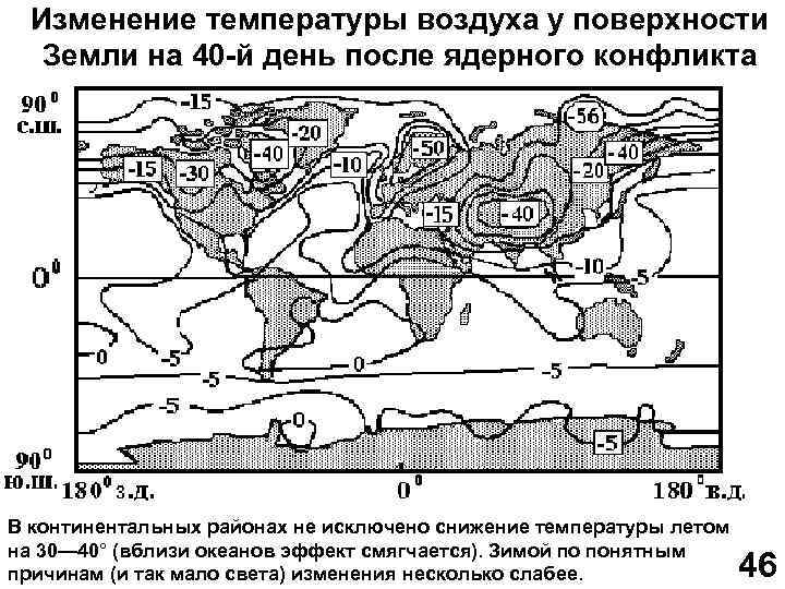 Изменение температуры воздуха у поверхности Земли на 40 -й день после ядерного конфликта В