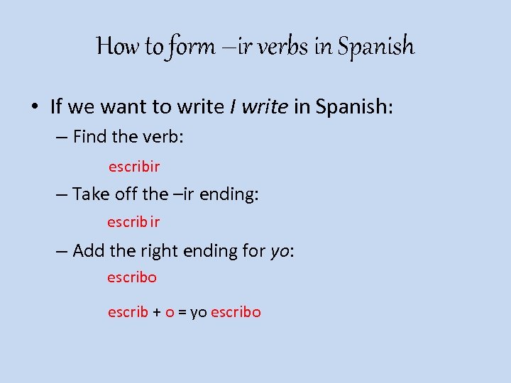 How to form –ir verbs in Spanish • If we want to write I